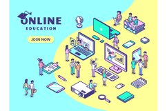 Isometric online school working web banner. Fun learning in Product Image 1