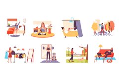 Woman daily routine. Girl everyday life scenes, cartoon pers Product Image 1