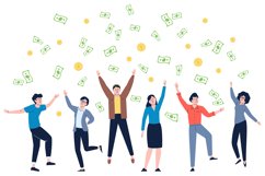 Team celebrating victory under money rain. Joyful business u Product Image 1