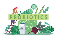 Probiotics, intestinal flora, healthy food. Tiny woman on la Product Image 1