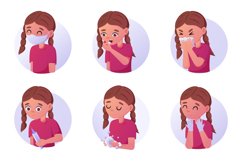 Kids flu. Sick girl coughing or sneezing. Medical face mask. Product Image 1