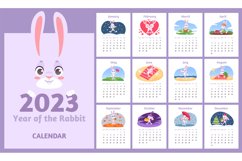 Bunny calendar. Advent 2023 year, cartoon rabbit monthly ch Product Image 1