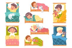 Children lying in beds. Boys or girls sleep in different pos Product Image 1