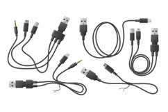 Realistic adapter cables. Black flexible wires with usb diff Product Image 1