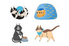 Cartoon cats. Cute animals sitting, lying in bed, walking an Product Image 1
