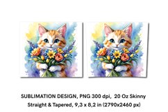 Watercolor Cat with Spring Flowers, Tumbler Wrap Sublimation Product Image 2