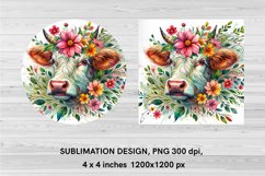 Watercolor Cow with Flowers - Cow Coaster Sublimation PNG Product Image 2