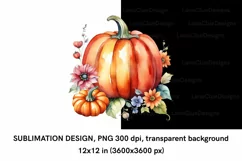 Watercolor Pumpkins with Flowers PNG Sublimation Design Product Image 2