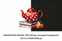 Watercolor Red Teapot and Books PNG, Fall Sublimation Design Product Image 2
