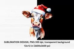 Watercolor Christmas Cow with Santa Hat PNG Product Image 2