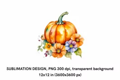 Pumpkin with Flowers Sublimation PNG, Watercolor Pumpkin PNG Product Image 2