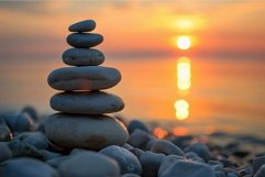 Serene pebble stack at sunset Product Image 1
