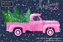 Watercolor Christmas Pink TRUCK with pine trees PNG New Year Product Image 3