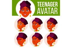 Teen Girl Avatar Set Vector. Face Emotions. Children. Indian Product Image 1