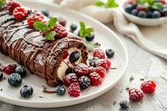 Decadent chocolate swiss roll with fresh berries Product Image 1