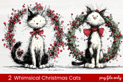 2 Whimsical Christmas Cats Clipart | Cute Holiday Cat PNG Product Image 1