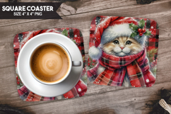 Cute Cat, Holiday Themes, Buffalo Plaid Square Coaster PNG Product Image 1