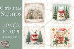 Vintage Christmas Stamp Clipart PNG Watercolor Product Image 1