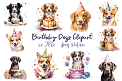38 Birthday Dogs Clipart Bundle Party Hats &amp; Birthday Cakes Product Image 1