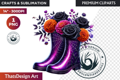 Halloween Floral Rain Boots - Cute Witchy Garden Clipart PNG Product Image 1