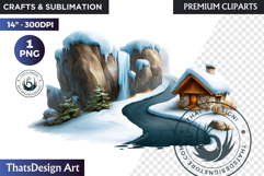 Watercolor Winter Landscape Snowy Cabin Illustration png Product Image 1
