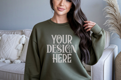 Gildan 18000 Military Green Crewneck Sweatshirt Mockups,G180 Product Image 1