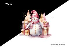 Pink Snowman Clipart, Gold and Pink Chistmas Clipart Product Image 1