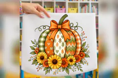 Patchwork Pumpkin PNG, Sunflower Fall Design, Rustic Autumn Product Image 3