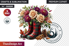 Autumn Floral Rain Boots PNG, Fall Flower in Wellies Clipart Product Image 1