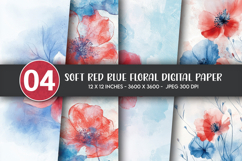 Soft Red Blue Floral Digital Paper Product Image 1