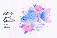 Blue Fish with Flower Crown Watercolor Clipart Sublimation Product Image 1