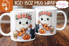 Cute Halloween mug wrap PNG, Cute ghost playing ukulele Product Image 3