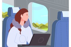 Sleep in plane. Napping woman with headphones and neck pill Product Image 1