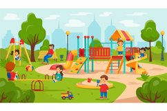 Kids play on playground. Kindergarten city. Children ride on Product Image 1