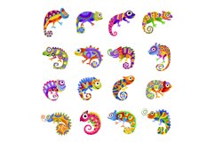 Colorful chameleons. Exotic wild animals recent vector styl Product Image 1