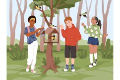 Children feed birds. Happy boys and girls pour food into fee Product Image 1