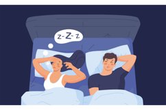 Snoring woman. Snorer sleeping wife and annoyed husband on Product Image 1