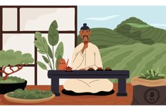 Tea ceremony process. Asian man with hot beverage cup. Natur Product Image 1