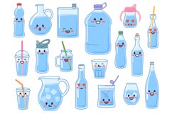 Cute water bottles. Liquid containers with happy smiling fa Product Image 1