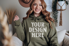 Military Green Gildan 18500 Hoodie Mockup, G18000 Hoodie Mod Product Image 1