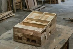Wooden storage box with open compartments in workshop Product Image 1