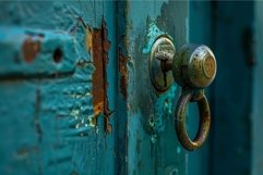 Old rusty padlock is securing a shabby turquoise door Product Image 1