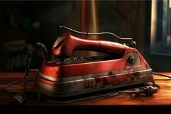 Vintage red electric iron on wooden table Product Image 1