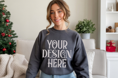 Dark Heather Gildan 18000 Sweatshirt Mockup,G18000 Crewneck Product Image 1