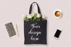 Black Tote Bag w Roses. PSD Mock up Product Image 1