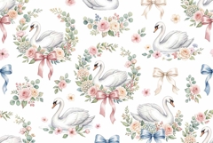 Watercolor seamless pattern with white swans floral wreaths Product Image 1