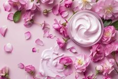 Pink cosmetic cream surrounded by fresh flowers on pink back Product Image 1