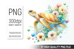 Floral Sea Turtle Clipart, Watercolor Sea Turtle PNG File Product Image 1