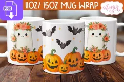 Cute Halloween mug wrap PNG, Cute ghost and pumpkins png Product Image 1