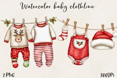 Watercolor Christmas Baby Clothesline Clipart PNG Product Image 1